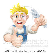 Vector Illustration of a Happy Blond Worker Man Holding a Thumb up and Wrench by AtStockIllustration