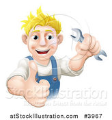 Vector Illustration of a Happy Blond Worker Man Holding a Wrench and a Thumb up by AtStockIllustration