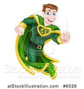 Vector Illustration of a Happy Blue Eyed Caucasian Male Super Hero Running in a Green Suit by AtStockIllustration