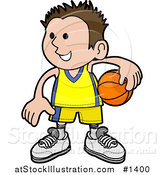 Vector Illustration of a Happy Boy in Uniform, Holding a Basketball on His Hip by AtStockIllustration