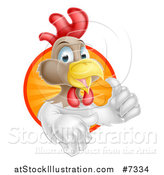 Vector Illustration of a Happy Brown and White Chicken or Rooster Mascot Giving a Thumb up and Emerging from a Sun Ray Circle by AtStockIllustration