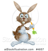 Vector Illustration of a Happy Brown Bunny Rabbit Waving with a Carrot by AtStockIllustration