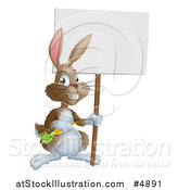 Vector Illustration of a Happy Brown Bunny Rabbit with a Carrot, Holding a Blank Sign by AtStockIllustration