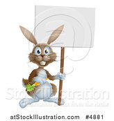 Vector Illustration of a Happy Brown Bunny Rabbit with a Carrot, Holding a Sign by AtStockIllustration