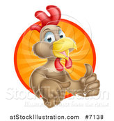 Vector Illustration of a Happy Brown Chicken or Rooster Mascot Giving a Thumb up and Emerging from a Sun Ray Circle by AtStockIllustration