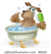Vector Illustration of a Happy Brown Dog Soaking in a Bath, Giving a Thumb up and Holding a Scrub Brush by AtStockIllustration