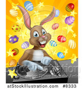 Vector Illustration of a Happy Brown Easter Bunny Rabbit Dj over a Turntable Against a Burst of Objects by AtStockIllustration
