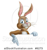 Vector Illustration of a Happy Brown Easter Bunny Rabbit Pointing down over a Sign by AtStockIllustration