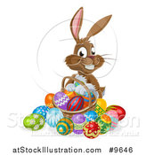 Vector Illustration of a Happy Brown Easter Bunny Rabbit with a Basket and Eggs by AtStockIllustration