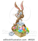 Vector Illustration of a Happy Brown Easter Bunny Rabbit with a Basket of Eggs and Flowers by AtStockIllustration