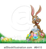 Vector Illustration of a Happy Brown Easter Bunny Rabbit with a Basket of Eggs and Flowers in the Grass, with White Text Space by AtStockIllustration