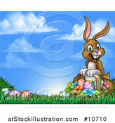 Vector Illustration of a Happy Brown Easter Bunny with a Basket of Eggs and Flowers in the Grass, Against a Blue Sky by AtStockIllustration