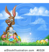 Vector Illustration of a Happy Brown Easter Bunny with a Basket of Eggs and Flowers in the Grass, Against a Blue Sky by AtStockIllustration