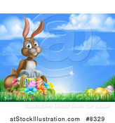 Vector Illustration of a Happy Brown Easter Bunny with a Basket of Eggs and Flowers in the Grass, Against a Blue Sky by AtStockIllustration
