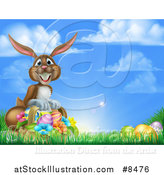 Vector Illustration of a Happy Brown Easter Bunny with a Basket of Eggs and Flowers in the Grass, Against a Blue Sky by AtStockIllustration