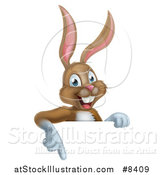 Vector Illustration of a Happy Brown Rabbit Pointing down over a Sign by AtStockIllustration