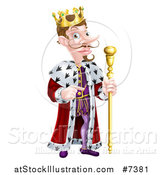Vector Illustration of a Happy Brunette Caucasian King with a Curling Mustache, Holding a Staff and Pointing to the Right by AtStockIllustration