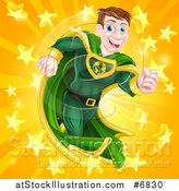 Vector Illustration of a Happy Brunette Caucasian Male Super Hero Running in a Green Suit over a Burst with Stars by AtStockIllustration