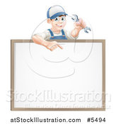 Vector Illustration of a Happy Brunette Mechanic Man Holding a Wrench and Pointing over a White Board Sign by AtStockIllustration