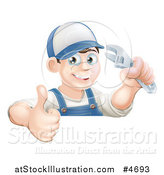 Vector Illustration of a Happy Brunette Mechanic Man Wearing a Hat, Holding an Adjustable Wrench Wrench and a Thumb up by AtStockIllustration