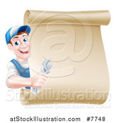 Vector Illustration of a Happy Brunette Middle Aged Caucasian Mechanic Man in Blue, Holding an Adjustable Wrench and Looking Around a Blank Scroll Sign by AtStockIllustration