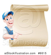 Vector Illustration of a Happy Brunette Middle Aged Caucasian Mechanic Man in Blue, Pointing Around a Blank Scroll Sign by AtStockIllustration