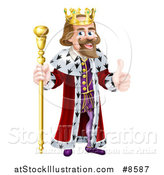 Vector Illustration of a Happy Brunette White King Giving a Thumb up and Holding a Gold Staff by AtStockIllustration