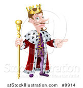 Vector Illustration of a Happy Brunette White King Holding a Scepter and Pointing to the Right by AtStockIllustration