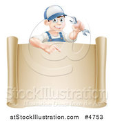 Vector Illustration of a Happy Brunette Worker Man Holding a Wrench and Pointing down at a Scroll Sign by AtStockIllustration