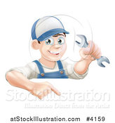 Vector Illustration of a Happy Brunette Worker Man Holding a Wrench and Pointing down at a Sign by AtStockIllustration