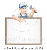 Vector Illustration of a Happy Carpenter Man Holding a Hammer and Pointing down to a White Board Sign by AtStockIllustration
