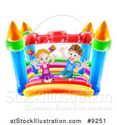 Vector Illustration of a Happy Caucasian Boy and Girl Jumping on a Bouncy House Castle by AtStockIllustration