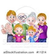 Vector Illustration of a Happy Caucasian Family with Children, Parents and Grandparents Waving and Giving Thumbs up by AtStockIllustration