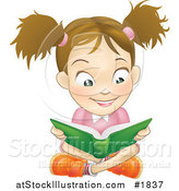 Vector Illustration of a Happy Caucasian Girl Reading a Book and Sitting on the Floor by AtStockIllustration