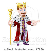 Vector Illustration of a Happy Caucasian King Holding a Staff and Pointing to the Right by AtStockIllustration