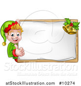 Vector Illustration of a Happy Caucasian Male Christmas Elf Pointing Aorund a Blank Sign with Bells by AtStockIllustration