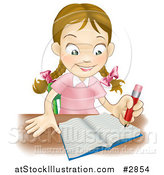 Vector Illustration of a Happy Caucasian School Girl Writing in a School Notebook by AtStockIllustration
