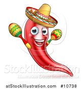 Vector Illustration of a Happy Chile Pepper Mascot Character Playing Maracas and Wearing a Sombrero, Celebrating Cinco De Mayo by AtStockIllustration