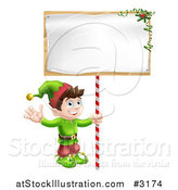 Vector Illustration of a Happy Christmas Elf Waving and Holding a Sign by AtStockIllustration