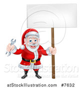 Vector Illustration of a Happy Christmas Santa Holding a Spanner Wrench and Blank Sign 4 by AtStockIllustration