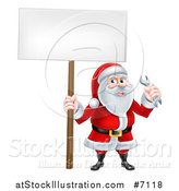 Vector Illustration of a Happy Christmas Santa Holding a Spanner Wrench and Blank Sign by AtStockIllustration