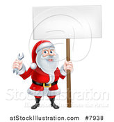 Vector Illustration of a Happy Christmas Santa Holding a Spanner Wrench and Blank Sign by AtStockIllustration