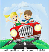 Vector Illustration of a Happy Couple Driving Fast on a Hilly Road by AtStockIllustration
