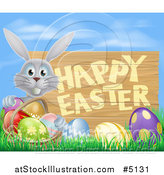Vector Illustration of a Happy Easter Sign with a Gray Rabbit and Eggs Against Blue Sky by AtStockIllustration