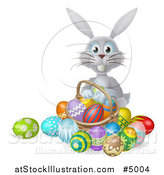 Vector Illustration of a Happy Gray Bunny with Easter Eggs and a Basket by AtStockIllustration