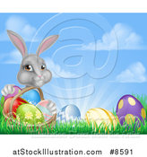 Vector Illustration of a Happy Gray Easter Bunny with a Basket of Eggs and Flowers in the Grass, Against Sky by AtStockIllustration