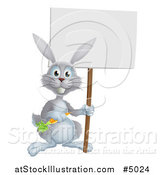 Vector Illustration of a Happy Gray Rabbit Holding a Carrot and Blank Sign by AtStockIllustration