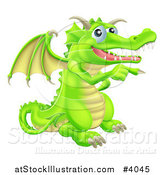 Vector Illustration of a Happy Green Dragon Pointing by AtStockIllustration