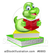 Vector Illustration of a Happy Green Earthworm Reading a Book on a Stack by AtStockIllustration