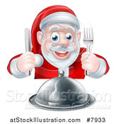 Vector Illustration of a Happy Hungry Christmas Santa Claus Sitting with a Cloche Platter and Holding Silverware by AtStockIllustration